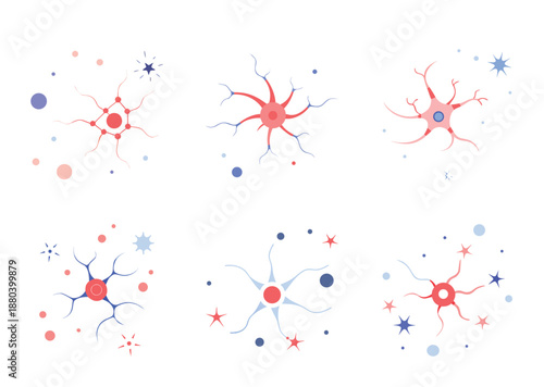 Six illustrated representations of nerve cells in various colors and configurations