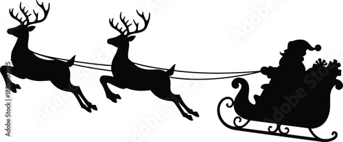 Santa Claus silhouette, flying sleigh, reindeer illustration, Christmas holiday vector, festive season artwork, winter celebration, gift delivery, traditional holiday design, black silhouette art