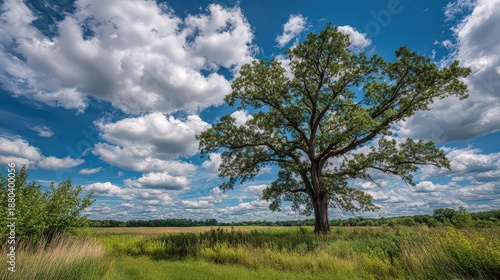 Lone Tree Standing Tall in a Sunny Field with Blue Sky and Puffy Clouds Panoramic View Rural Landscape with Lush Greenery and Wild Grasses in Meadow