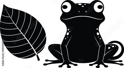 Silhouette frog illustration, black frog with leaf, amphibian design, nature wildlife art, minimalist animal drawing, vector graphic, eco concept