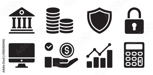 Banking and finance vector icon set displaying institution building coin stacks shield padlock computer growth calculator