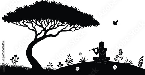 Silhouette tree with musician playing flute, peaceful nature scene, flying bird, grassy hill with flowers, harmony illustration, black vector art