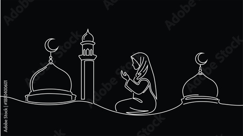 White line art of a woman praying near a mosque and crescent moons on black islam