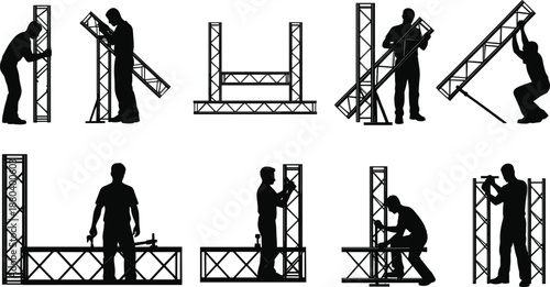 Silhouette workers assembling truss structure, construction teamwork, stage rigging setup, industrial labor, event preparation, heavy equipment, teamwork safety, engineering installation