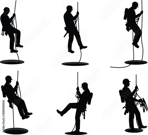 Silhouette workers rappelling with safety harness, rope access training, confined space entry, industrial climbing rescue, occupational safety teamwork, professional descent