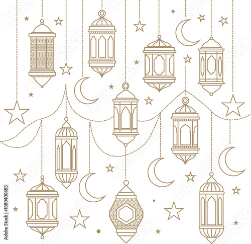 Islamic lanterns crescent moons and stars hanging on dashed lines vector