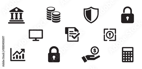Collection of finance and business icons representing bank coins lock computer graph document shield and calculator