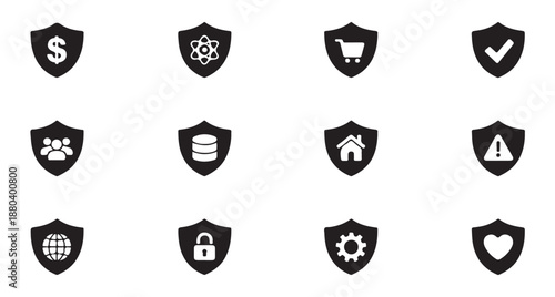 Shield icons featuring dollar atom shopping cart check people coins warning home globe lock
