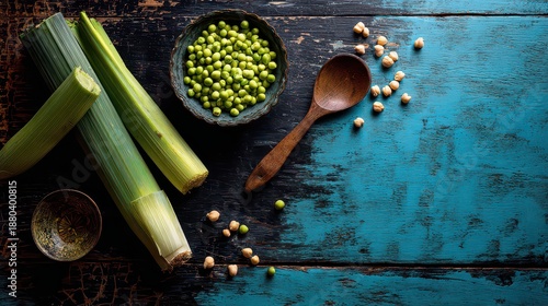 Overhead View of Leeks and Green Peas on Rustic Blue Wooden Table with a Carved Wooden Spoon Still Life and Culinary Theme