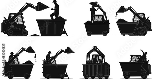 Skid steer loader silhouette, construction machinery working, heavy equipment operation, worker safety guidance, material handling process, industrial container dumping, black illustration