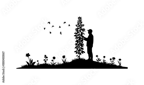 Silhouette of Man with Birds and Tree