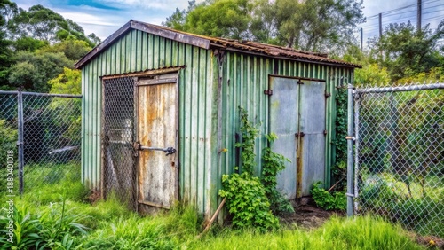 A weathered green metal shed, showing signs of age and rust, sits enclosed within a chain link fence, surrounded by overgrown vegetation, evoking a sense of quiet abandonment and the passage of time.