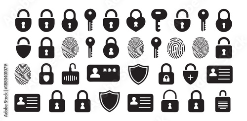 Large collection of security and access control vector icons padlocks keys fingerprints passwords shields and identification documents