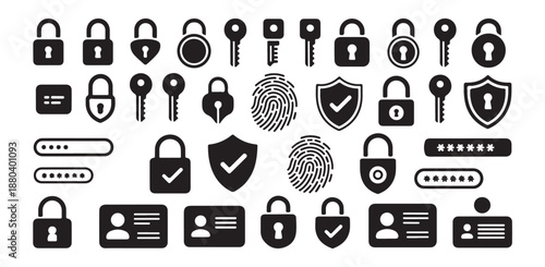 Set of security and protection icons with locks keys shields fingerprints and password fields outline