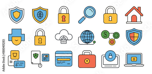 Line style security concept icons with shields locks keys cloud globe payment and device safety