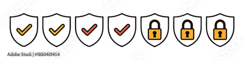 Colorful security shield icon collection featuring orange and red status indicators for web safety and data access