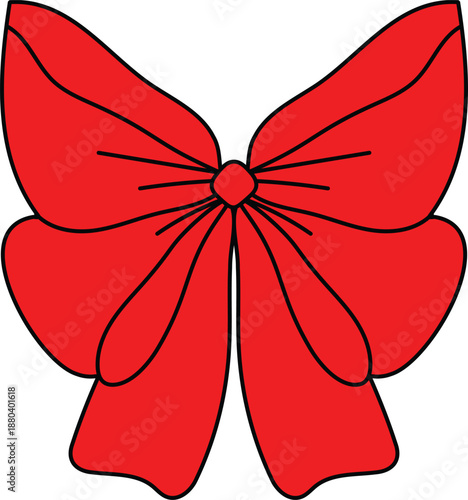 A bright red bow with black outline on a white background