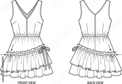 Sleeveless ruffle dress technical sketch, front and back view, V-neckline, side bow, layered skirt, vector fashion illustration