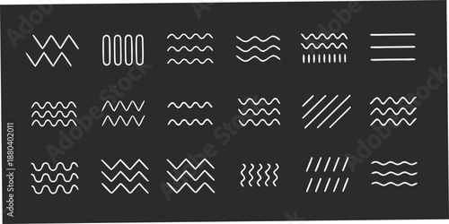 Abstract arrangement of white lines and wave patterns on a dark background