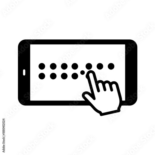 Minimalist icon of a hand touching Braille dots on a digital tablet screen. Black and white illustration of mobile accessibility technology for the blind