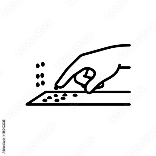 Finger touching raised Braille cells from a side perspective. Black and white icon representing tactile literacy and inclusive design for the blind