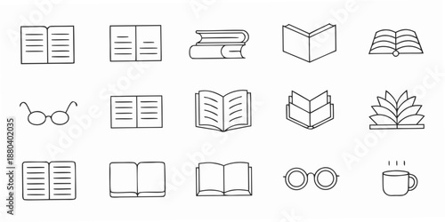 Collection of simple line art book and stationery icons in black and white