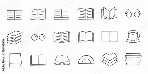 Line art icons depicting books reading and studying materials in a grid