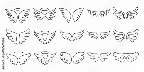 A collection of various black and white wing and halo line art designs