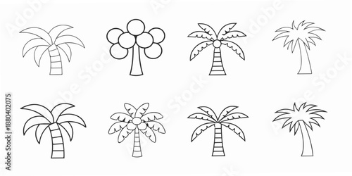 Simple black and white illustrations of various tropical palm trees and foliage