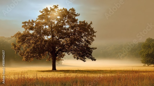 Sunlit Oak Tree on Meadow at Misty Sunrise Golden Hour Landscape with Warm Tones and Foggy Background a Natural Scene in a Countryside