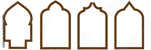 Islamic Arch Window Silhouettes Set. Minimal silhouettes of traditional Islamic arch windows, suitable for architectural design, cultural decoration, and vector graphic backgrounds.

