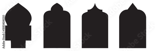Islamic Arch Window Silhouettes Set. Minimal silhouettes of traditional Islamic arch windows, suitable for architectural design, cultural decoration, and vector graphic backgrounds.


