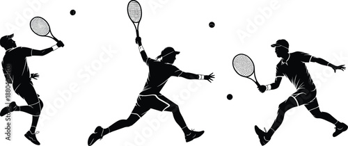 Collection of Professional Tennis Player Silhouettes Featuring Male and Female Athletes in Action Action Poses with Rackets and Balls Isolated on a Clean White Background