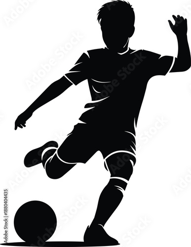 Dynamic Black and White Silhouette of a Young Male Soccer Player Kicking a Ball in Action Isolated on White Background for Sports Graphic Design Elements