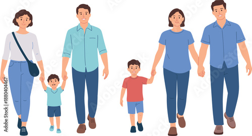 Happy Young Families with Small Children Walking Together Holding Hands Flat Vector Illustration of Parents and Kids Isolated on Plain White Background
