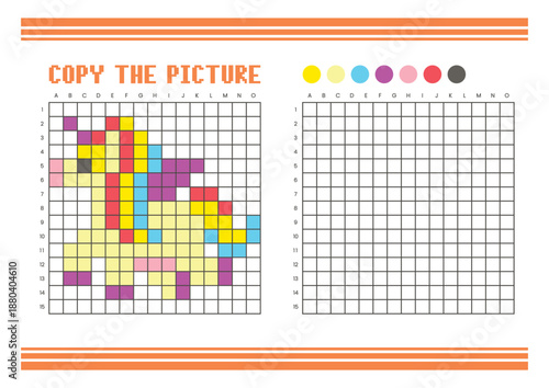 Copy the picture grid drawing worksheet for kids. Pixel art fantasy pony