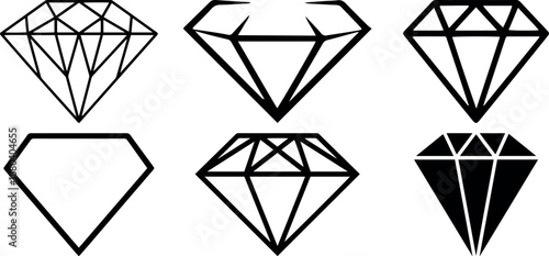 Diamond Icons Set Black Outline and Solid jewel