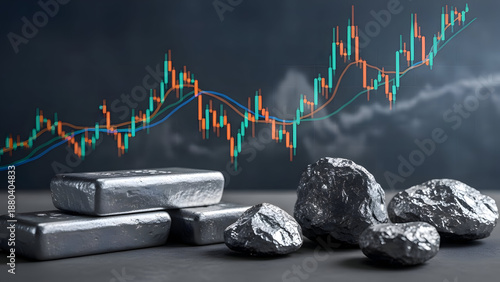 Industrial Nickel Ingots and Ore Rocks with Financial Graph