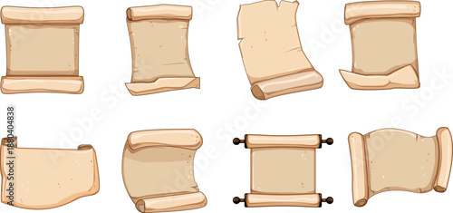 Eight Rolled Parchment Scroll Illustrations paper vintage