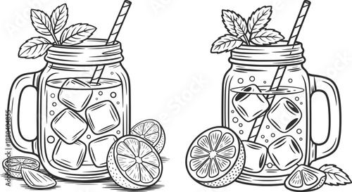 Fresh Lemon Mint Drink Mason Jar Line Art Vector Illustration.