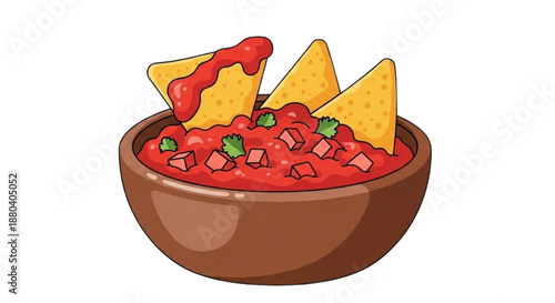 Salsa dip served in a brown bowl with tortilla chips  