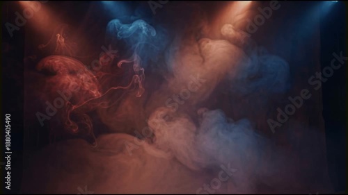Stage haze drifting slowly in a dark cinematic environment with blue and red smoke clouds and soft overhead light beams creating a dramatic abstract background