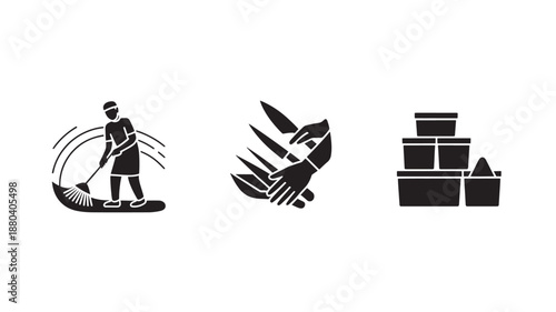 Vector Illustration Of Construction Worker Sweeping, Hand With Nails, And Stack Of Bricks For Building And Construction Concept