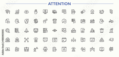 Attention related icon set. Vector outline icons collection. Pictogram and infographic. Signal icon collection. Contain linear symbols warning, hazard, risk, exclamation, alerts and more.
