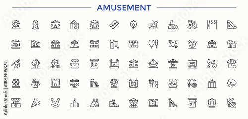 Set of Amusement line icon. Related to carnival, recreation, fun, park and more. Minimal icons set. Fun icon pack. Vector artwork and illustration.