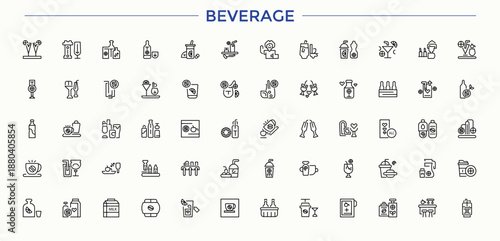 Beverage linear icon set. Containing coffee, soda, beer, champagne, soft drinks, drinks and more. Drinks linear icon set. Sign and Symbol. Signs for web and mobile app.