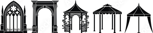 Architectural arch and gazebo silhouette set featuring decorative archways and outdoor pavilion structures in solid black style