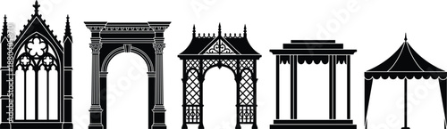 Architectural arch and gazebo silhouettes set featuring gothic and classical archways with outdoor pavilion and tent structures in solid black style