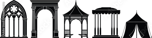 Architectural arch and gazebo silhouettes set with gothic and classical archways and outdoor pavilion structures in solid black styleArchitectural arch and gazebo silhouettes set with gothic 