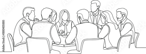 Business meeting line art illustration of professionals sitting around a table in discussion, shown as a minimal black and white continuous outline scene